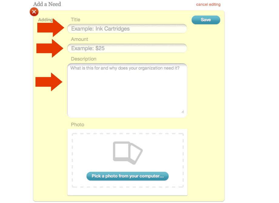 Save button for saving instructions to donors