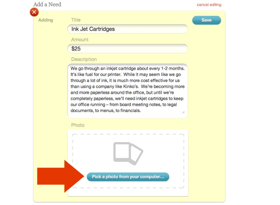 Save button for saving instructions to donors