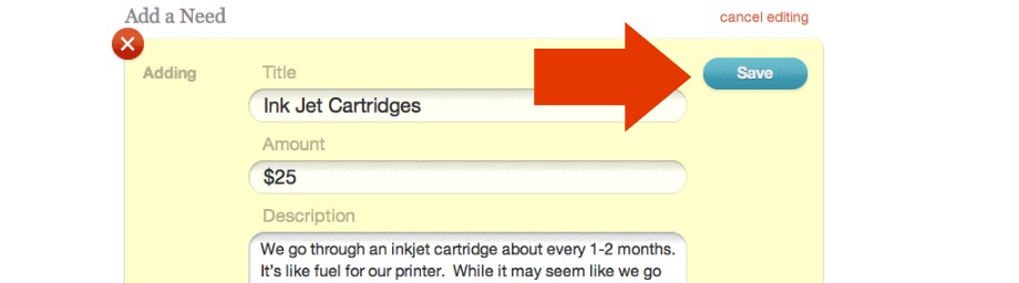 Save button for saving instructions to donors
