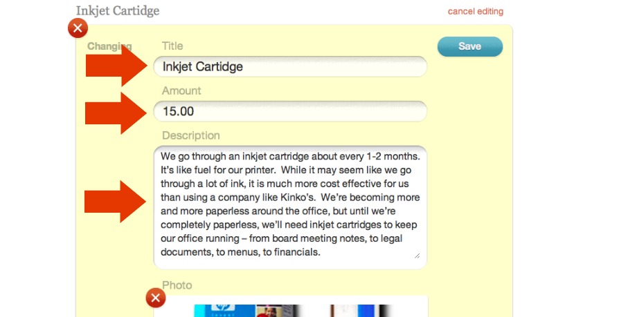 Save button for saving instructions to donors