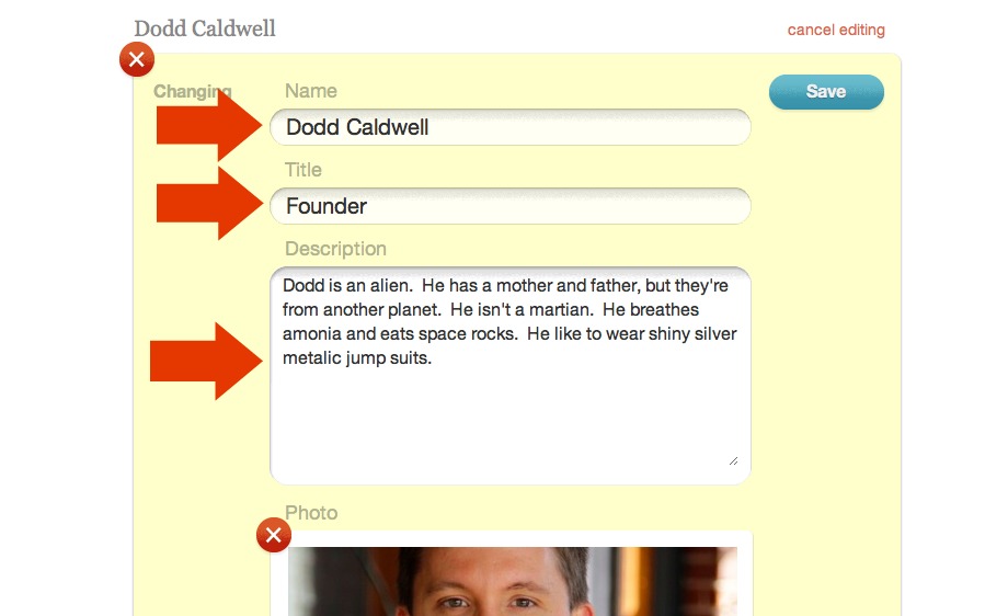 Name, Title, and Description fields on Team Member