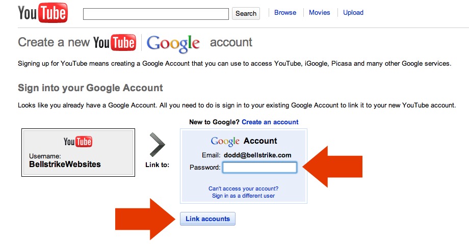 YouTube.com Link Gmail and YouTube accounts page