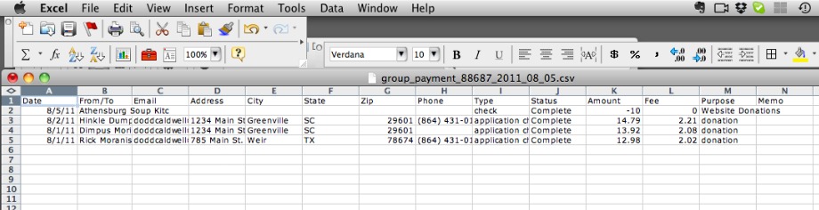 WePay.com donor information on spreadsheet