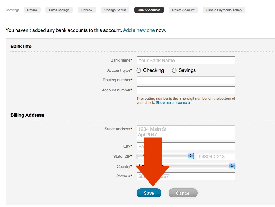 WePay.com bank account info fields