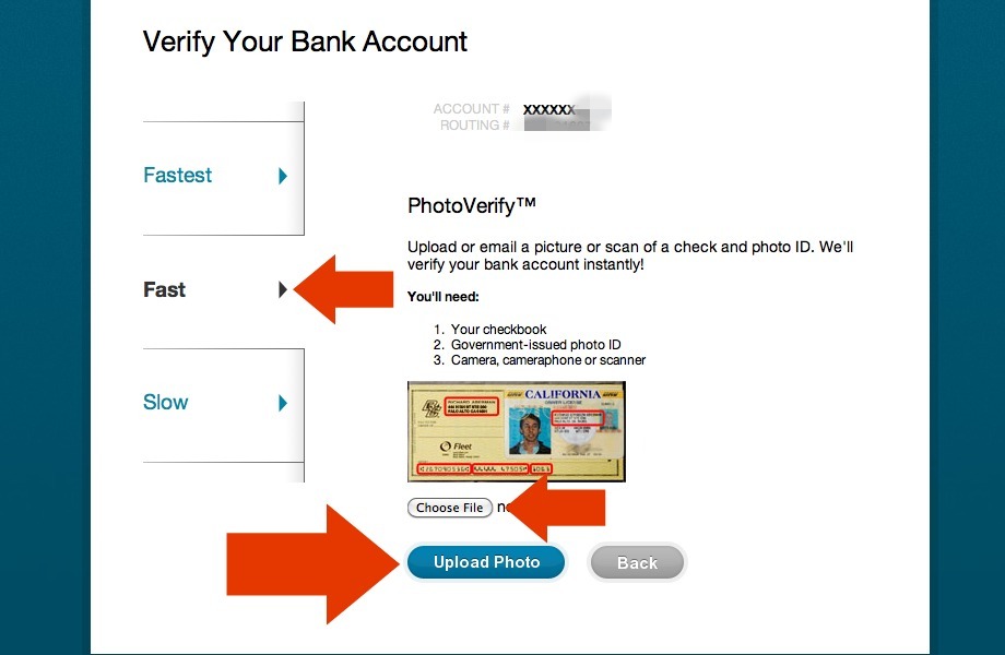 WePay.com check and photo ID upload option for bank transfers