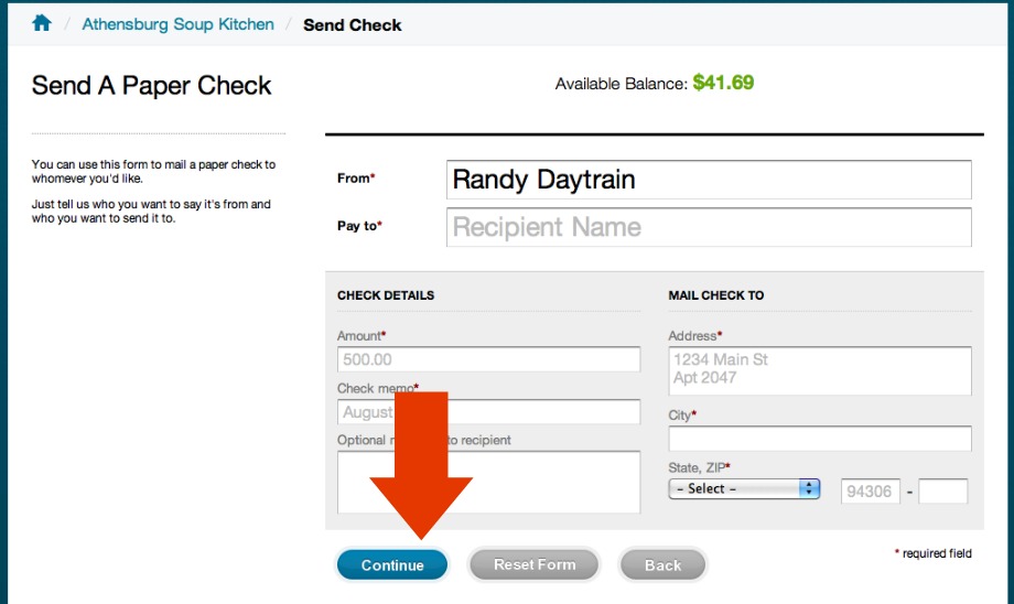 WePay.com Send Paper Check information fields