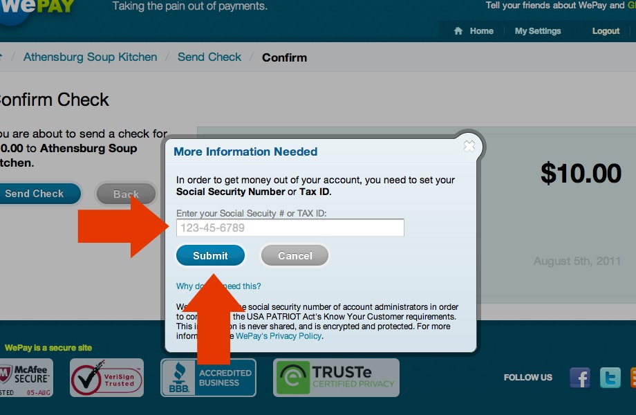 WePay.com social security or tax ID fields