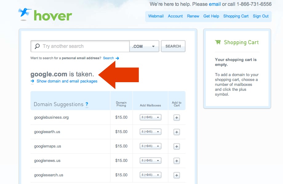 Hover.com unavailable web address confirmation