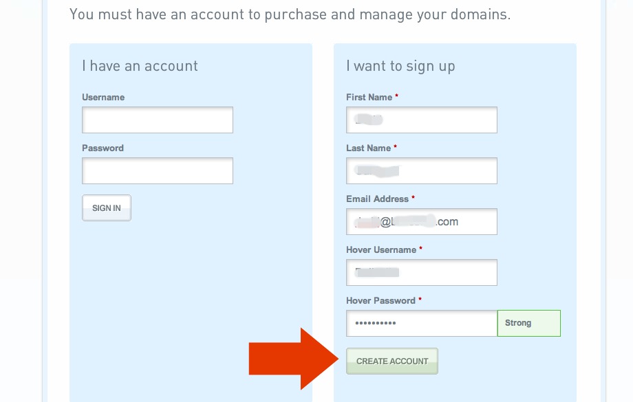 Hover.com Create Account button