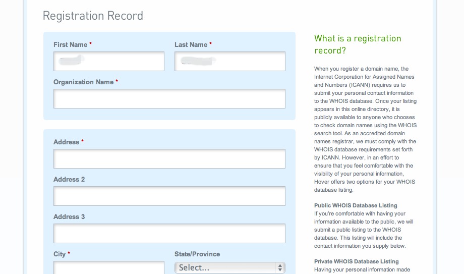 first section of Hover.com web address info fields