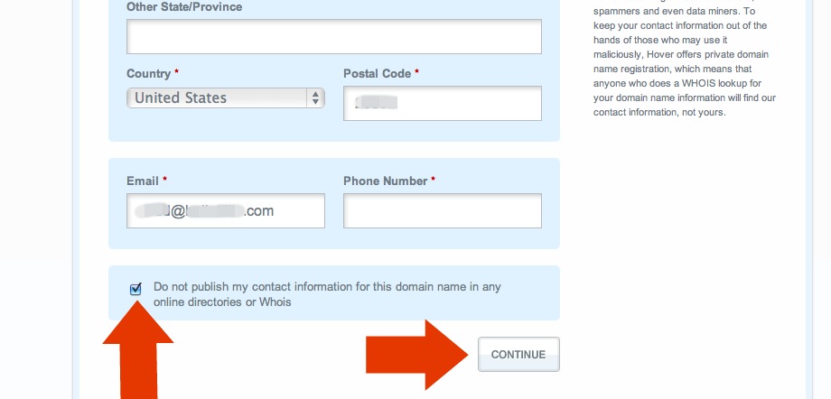 second section of Hover.com web address info fields