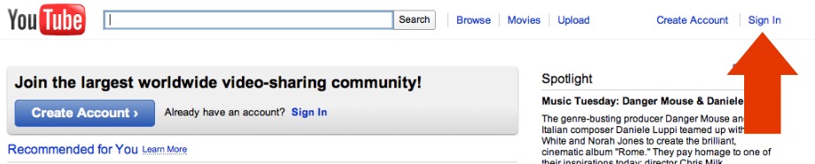 YouTube Sign In link