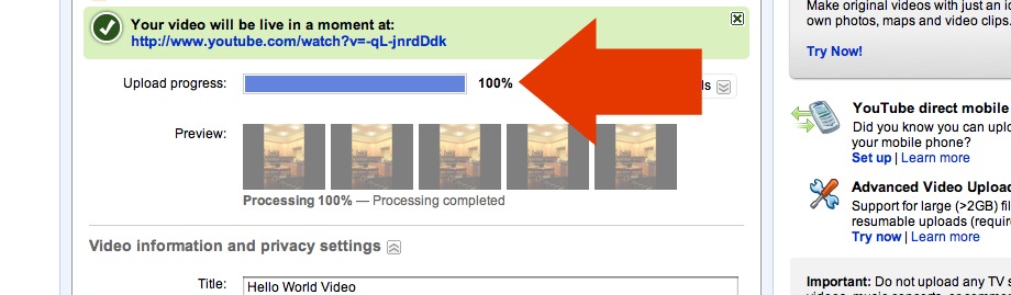 YouTube video upload progress bar